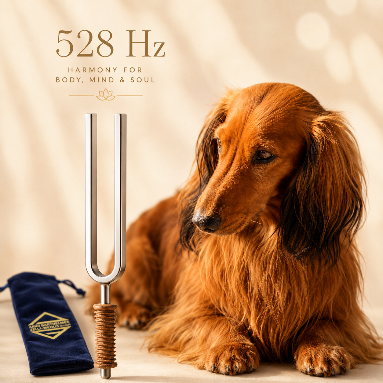 Tieredtion: 528 Hz Wellnessstimmgabel Hundefrequenz mit Hundenamensgravur + Samttasche + Korkgriff