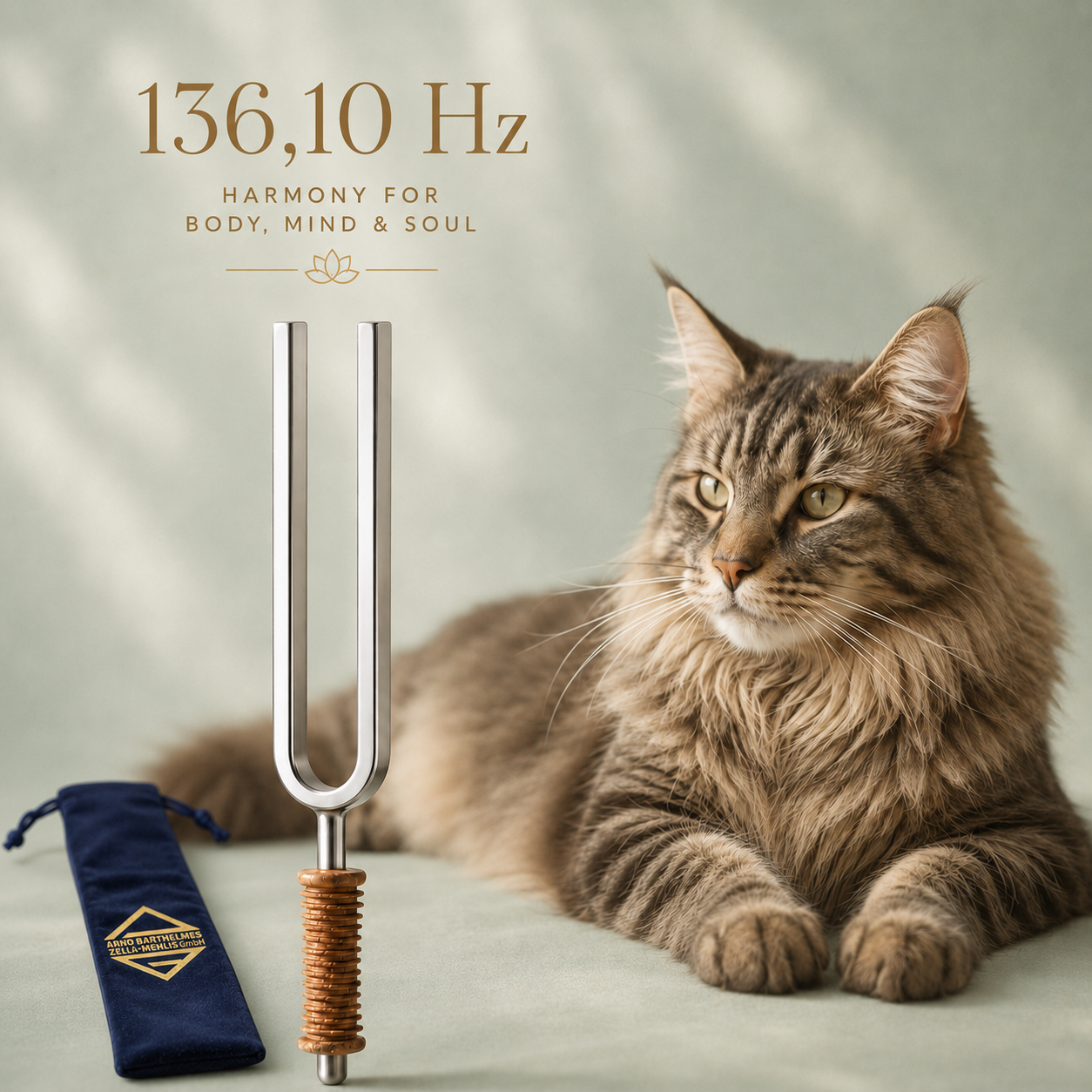 Tieredtion: 136,10 Hz Wellnessstimmgabel Katzenfrequenz mit Katzennamensgravur + Samttasche + Korkgriff
