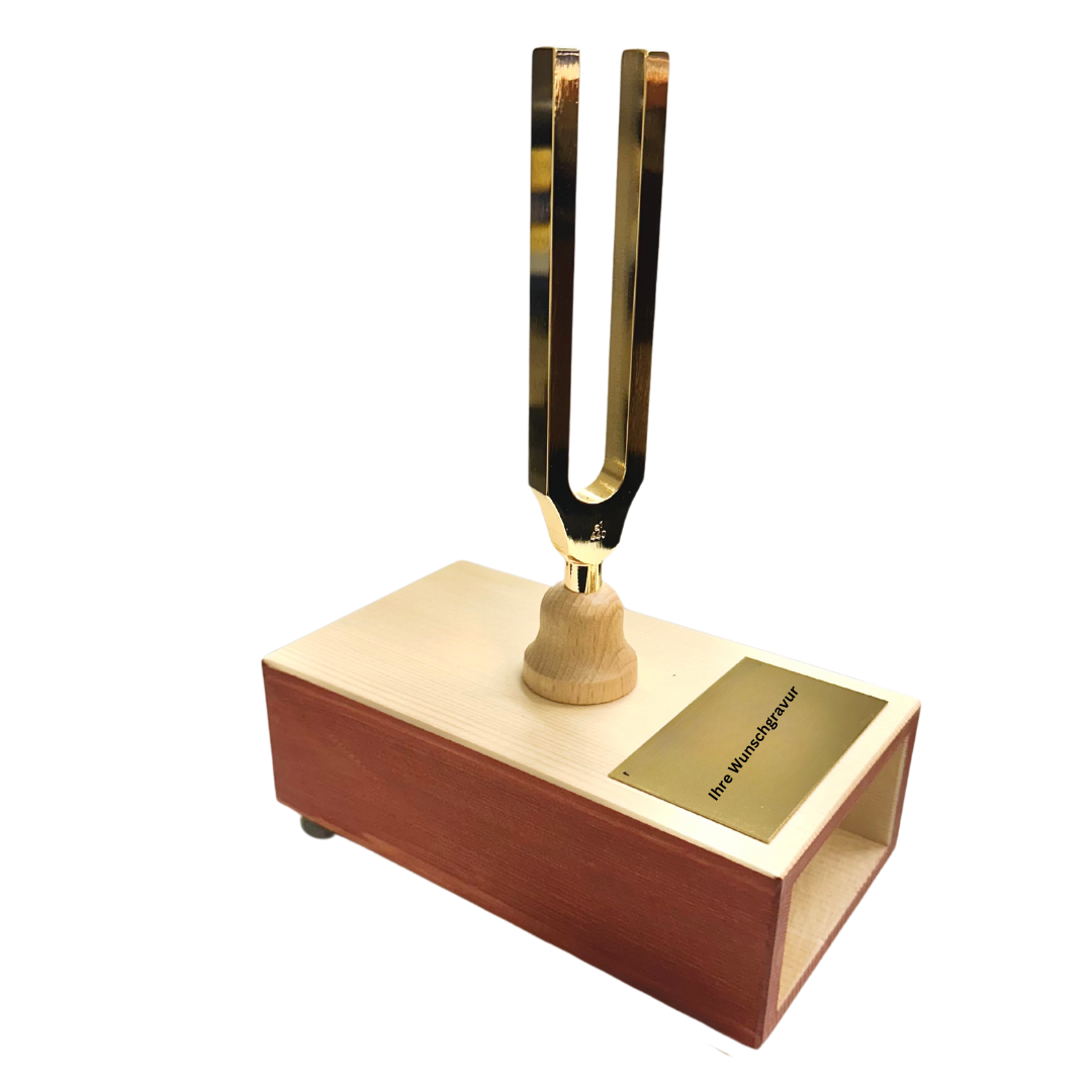 Diapasons dorés a1 440 Hz sur caisse de résonance avec marteau de frappe