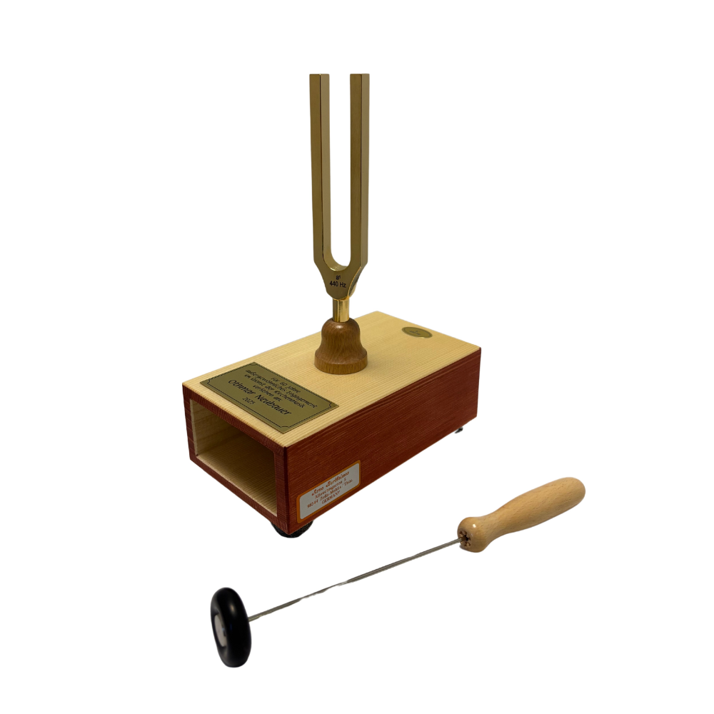 Diapasons dorés a1 440 Hz sur caisse de résonance avec marteau de frappe