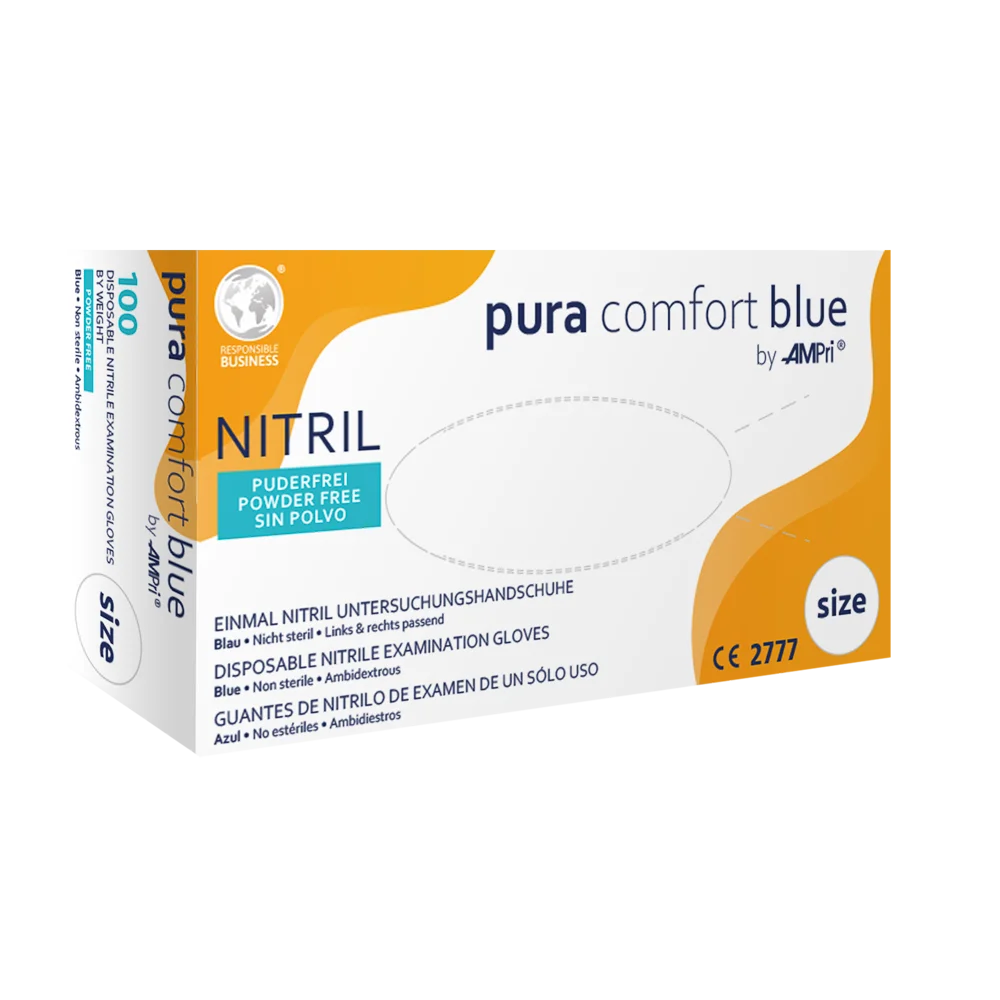 Gants en nitrile bleu Puracomfort, bleus, sans poudre