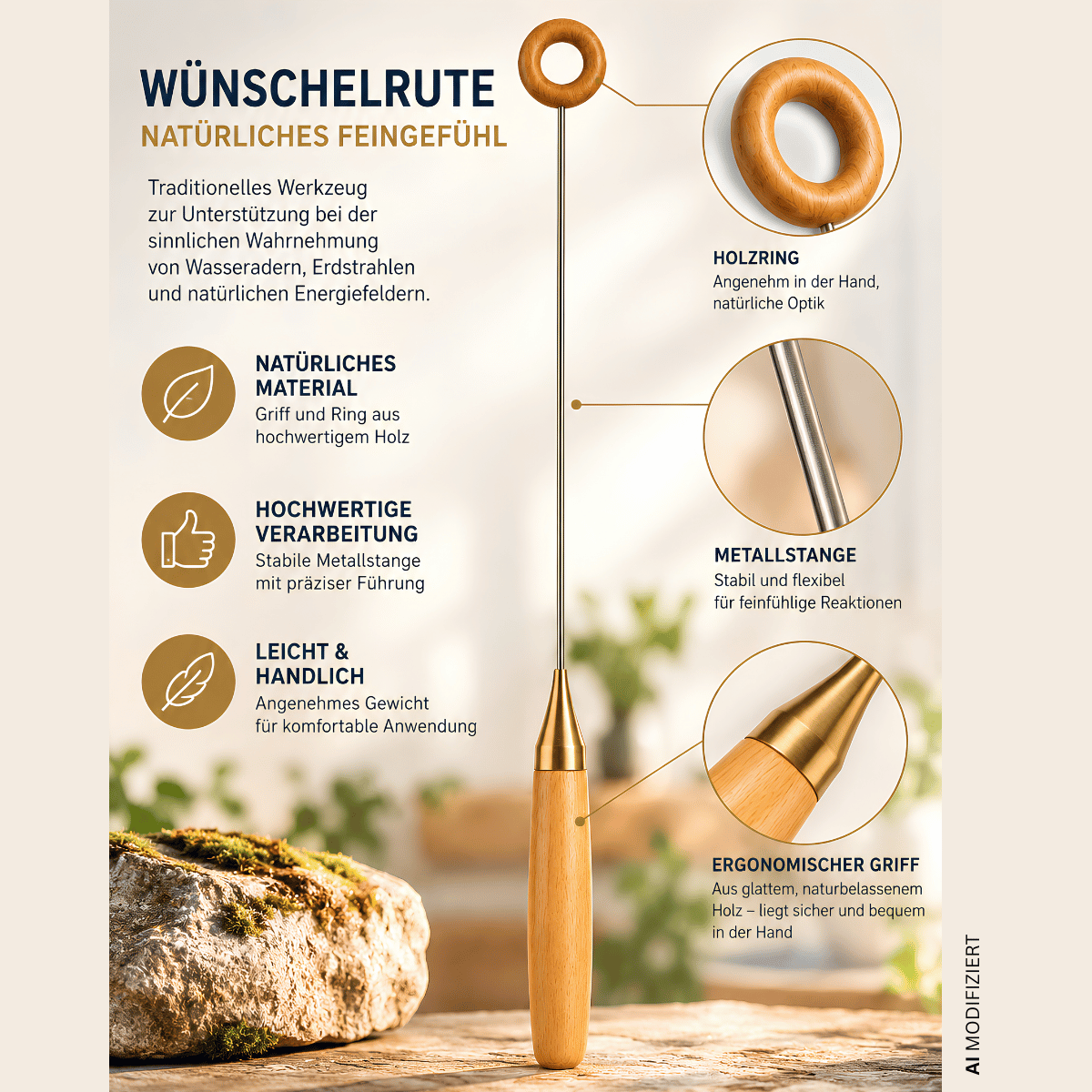 Wünschelrute mit Holzring – Elegante Einhandrute für Radiästhesie und Energiearbeit