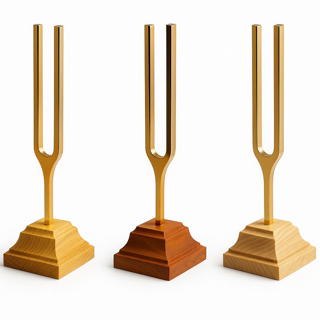 Diapasons dorés a1 440 Hz sur socle en bois