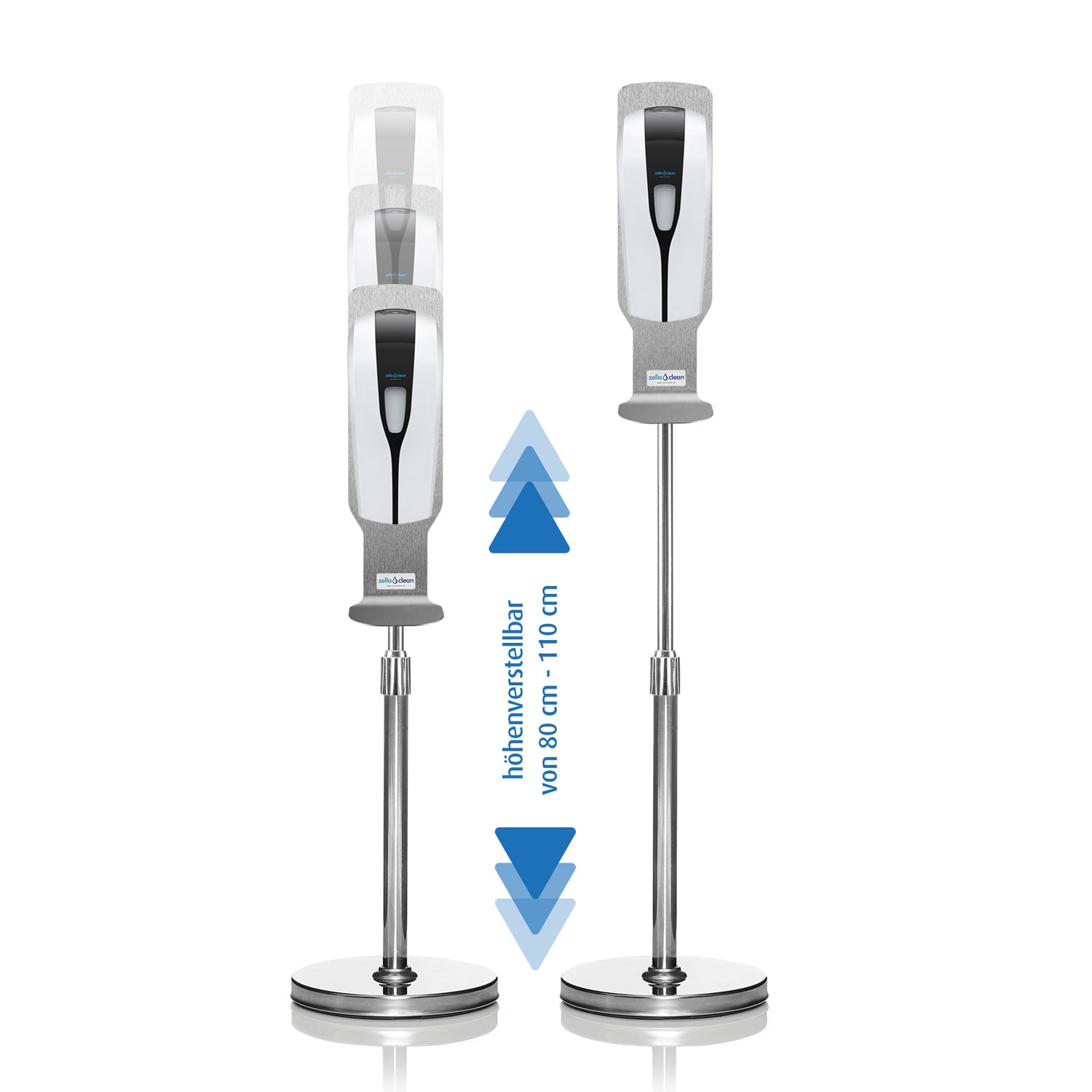 Station de désinfection à capteur, support rond argenté, réglable en hauteur, automatique, sans contact avec bac de récupération, colonne d'hygiène